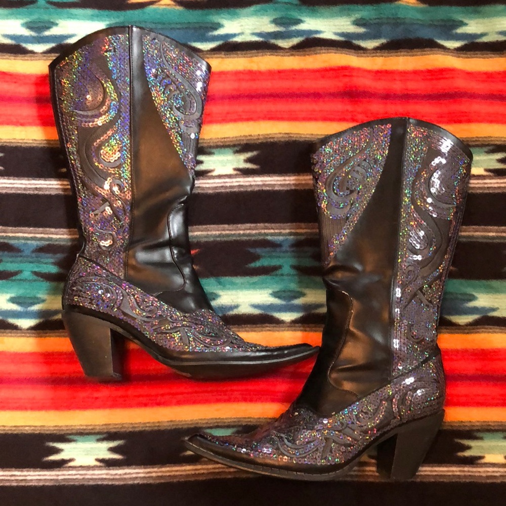 Helen’s heart black fancy tall sequin sparkly western boots cowboy